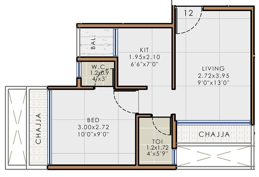 Floor plan of 1 BHK 340 Sq. Ft. Apartment in Precious Majestic, Navi Mumbai