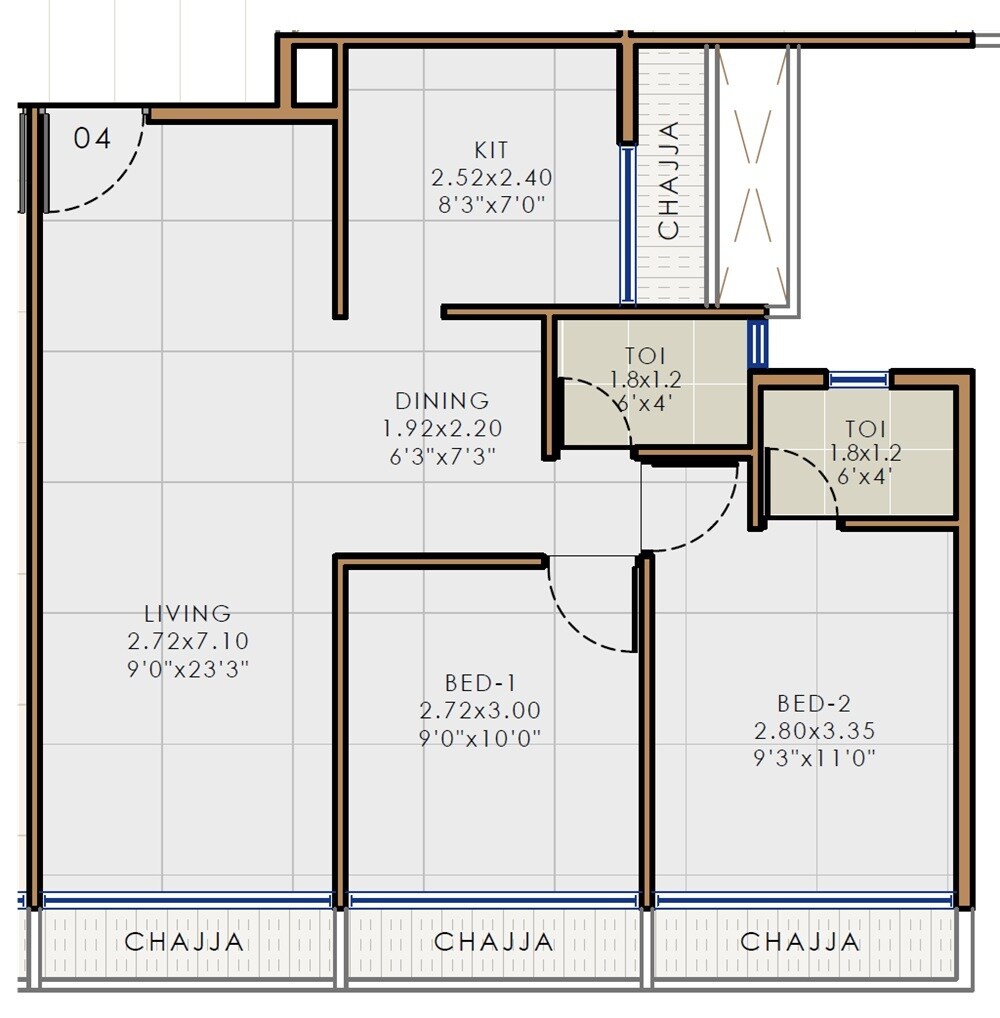 Floor plan of 2 BHK 577 Sq. Ft. Apartment in Precious Majestic, Navi Mumbai