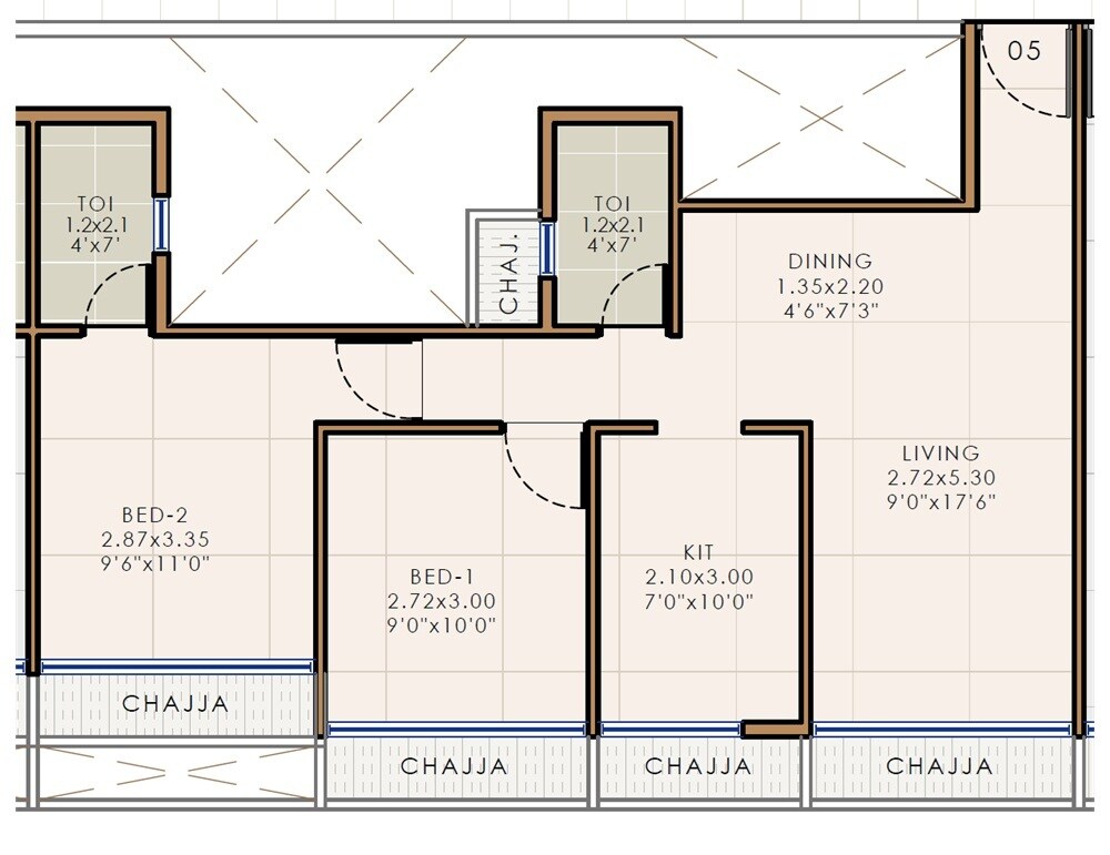 Floor plan of 2 BHK 592 Sq. Ft. Apartment in Precious Majestic, Navi Mumbai