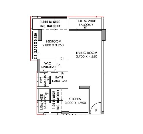 Floor plan of 1 BHK 314 Sq. Ft. Apartment in Pride Apramit, Navi Mumbai
