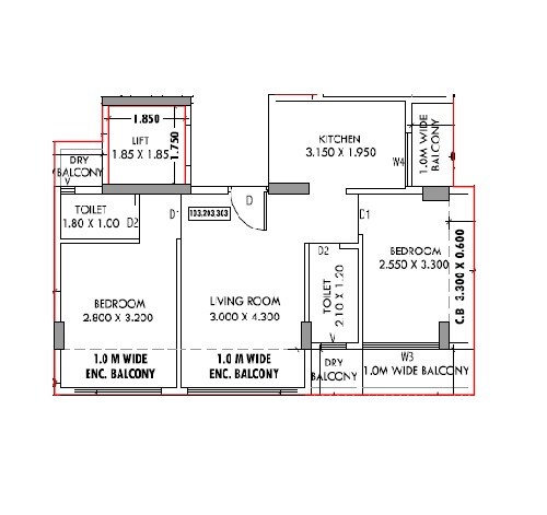 Floor plan of 2 BHK 415 Sq. Ft. Apartment in Pride Apramit, Navi Mumbai
