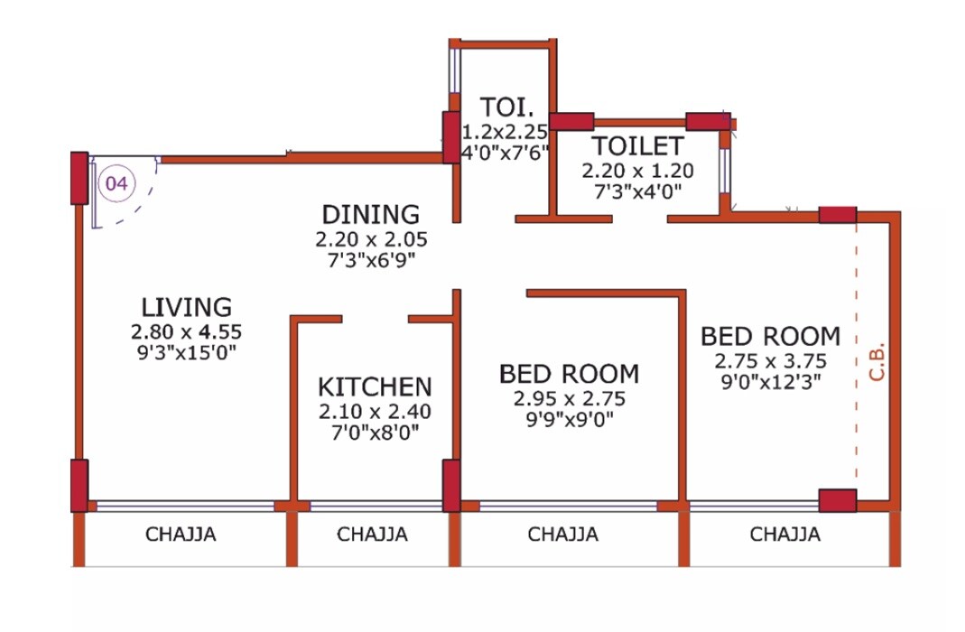 Floor plan of 2 BHK 529 Sq. Ft. Apartment in Prime Hari Priya, Navi Mumbai