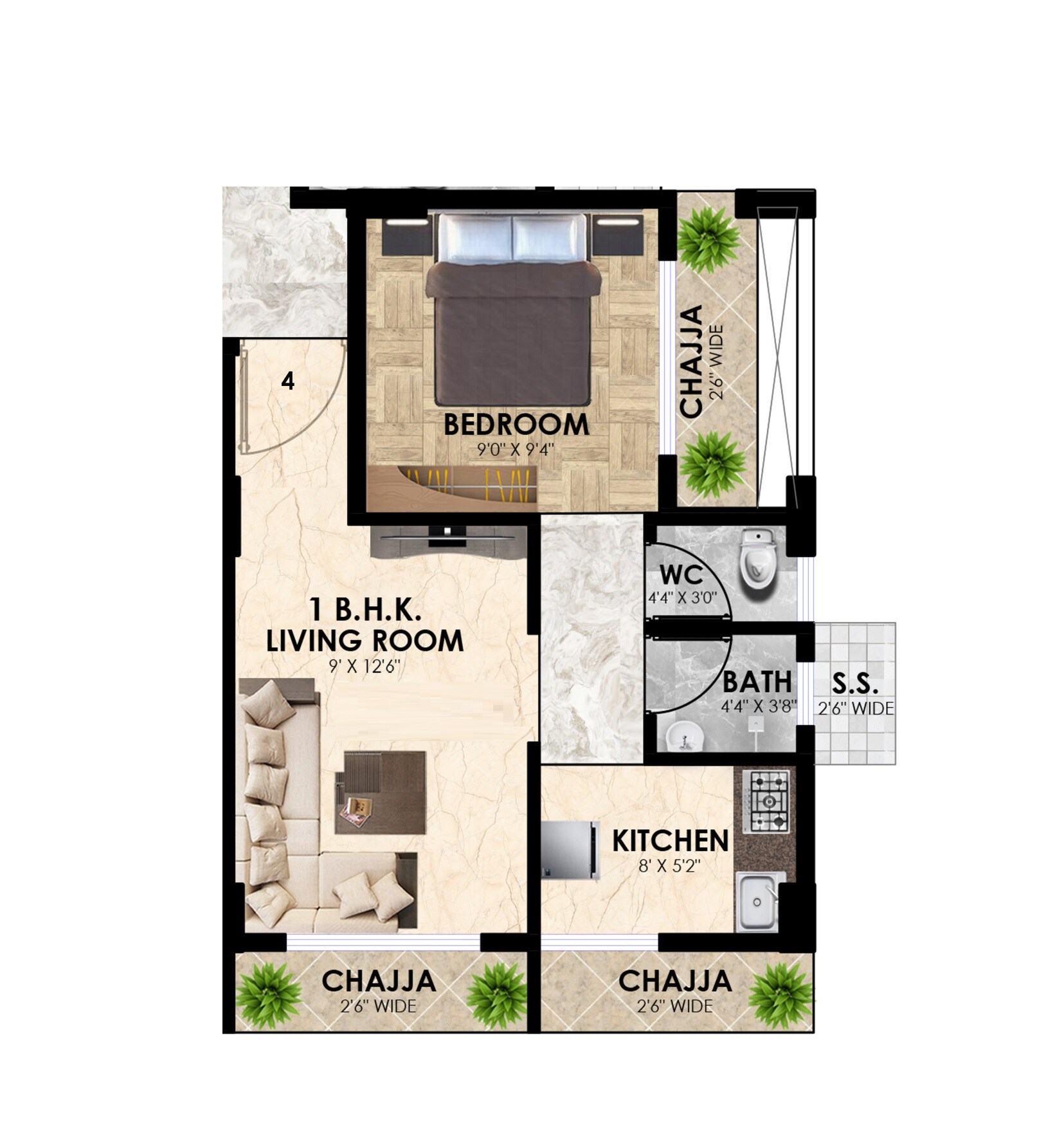 Floor plan of 1 BHK 320 Sq. Ft. Apartment in Prime Ruby, Navi Mumbai