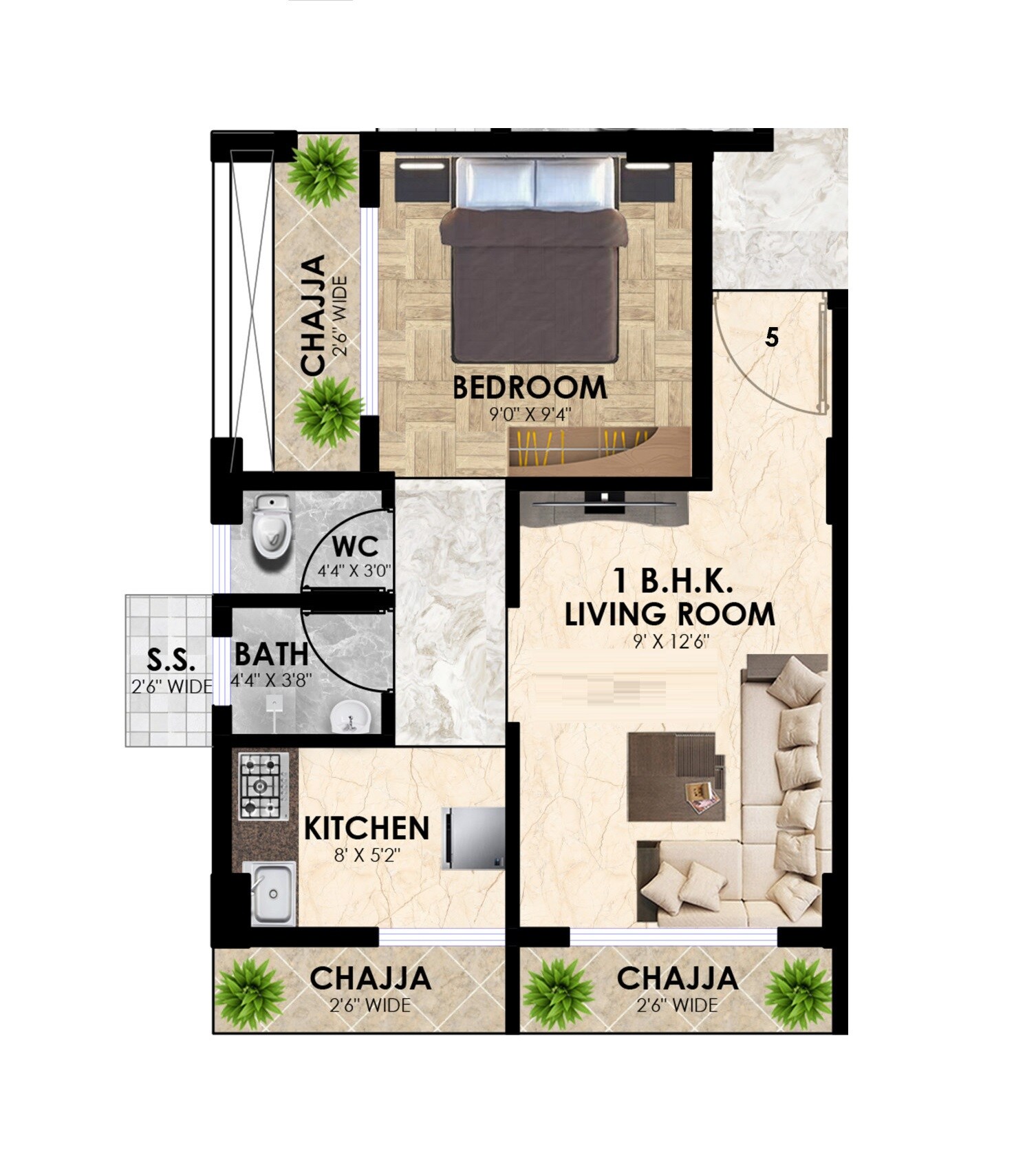 Floor plan of 1 BHK 375 Sq. Ft. Apartment in Prime Ruby, Navi Mumbai