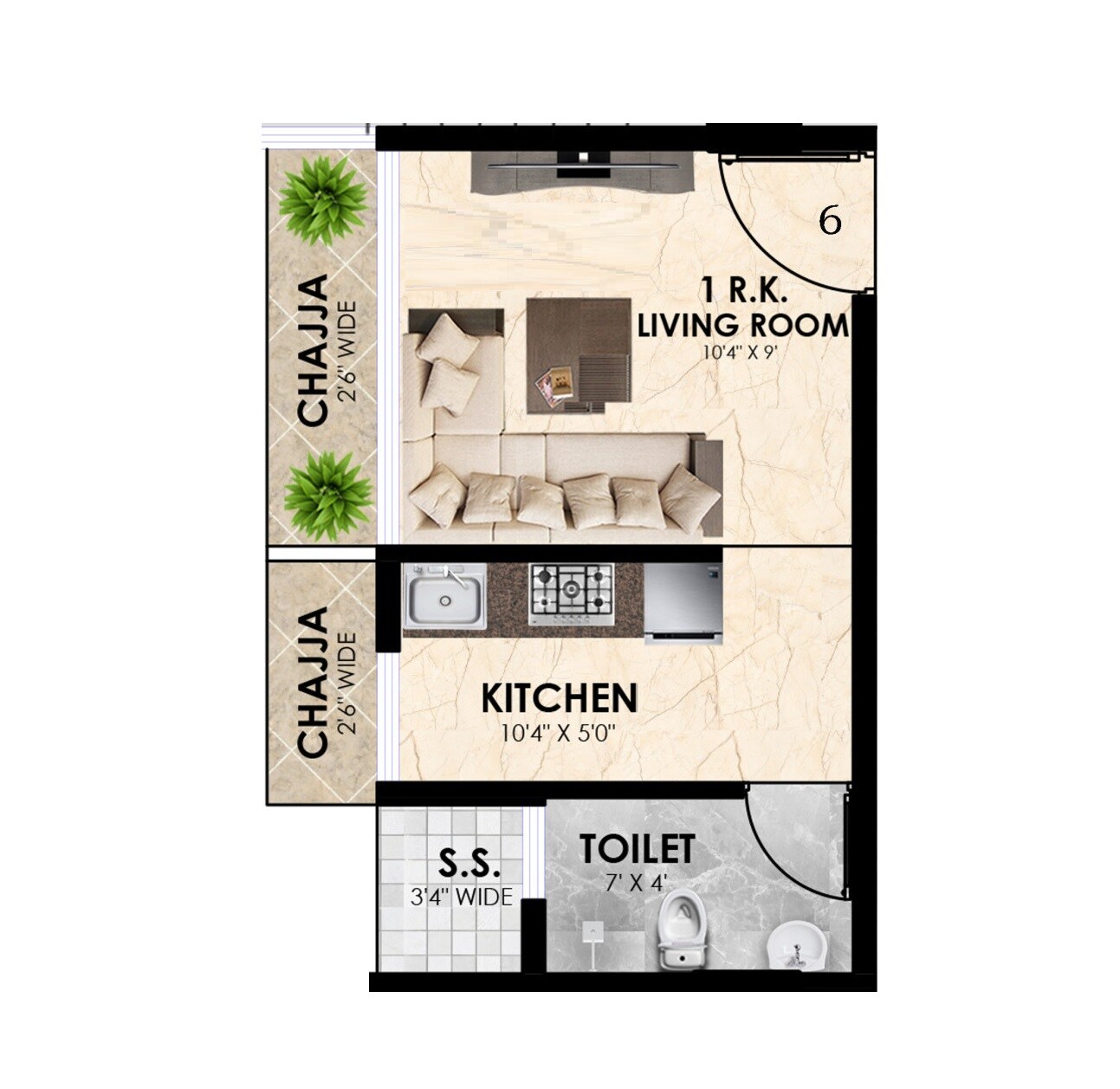 Floor plan of 222 Sq. Ft. Studio in Prime Ruby, Navi Mumbai
