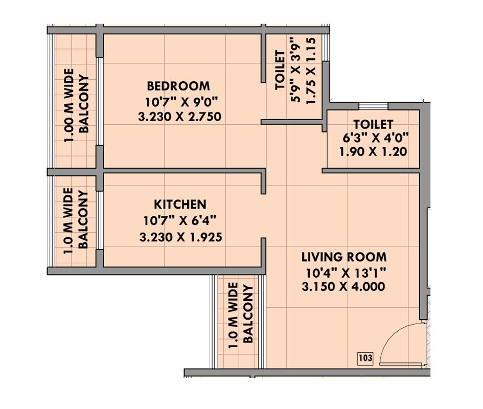 Floor plan of 1 BHK 375 Sq. Ft. Apartment in Prithvi Aarna, Navi Mumbai