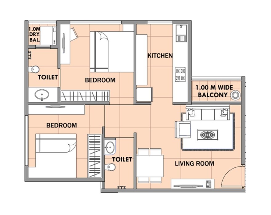 Floor plan of 2 BHK 434 Sq. Ft. Apartment in Prithvi Aarna, Navi Mumbai