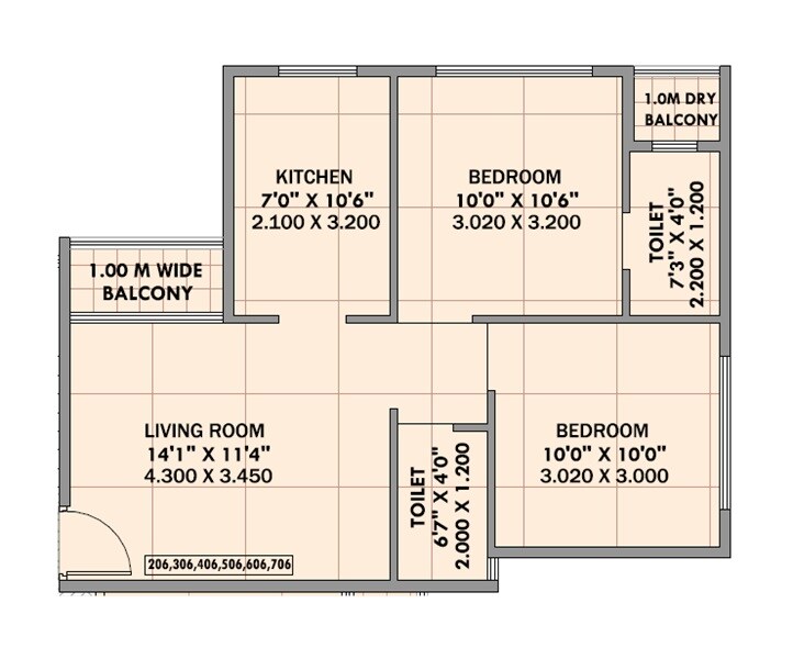 Floor plan of 2 BHK 516 Sq. Ft. Apartment in Prithvi Aarna, Navi Mumbai