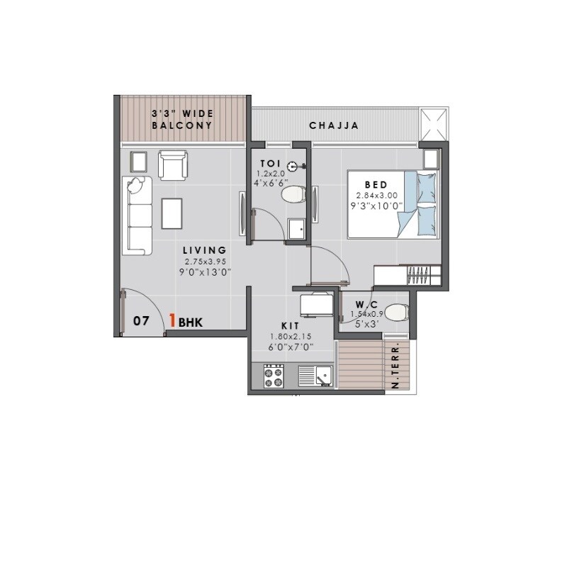 Floor plan of 1 BHK 250 Sq. Ft. Apartment in Prithvi Palacio, Navi Mumbai