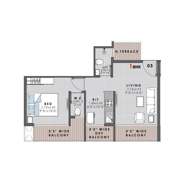 Floor plan of 1 BHK 321 Sq. Ft. Apartment in Prithvi Palacio, Navi Mumbai