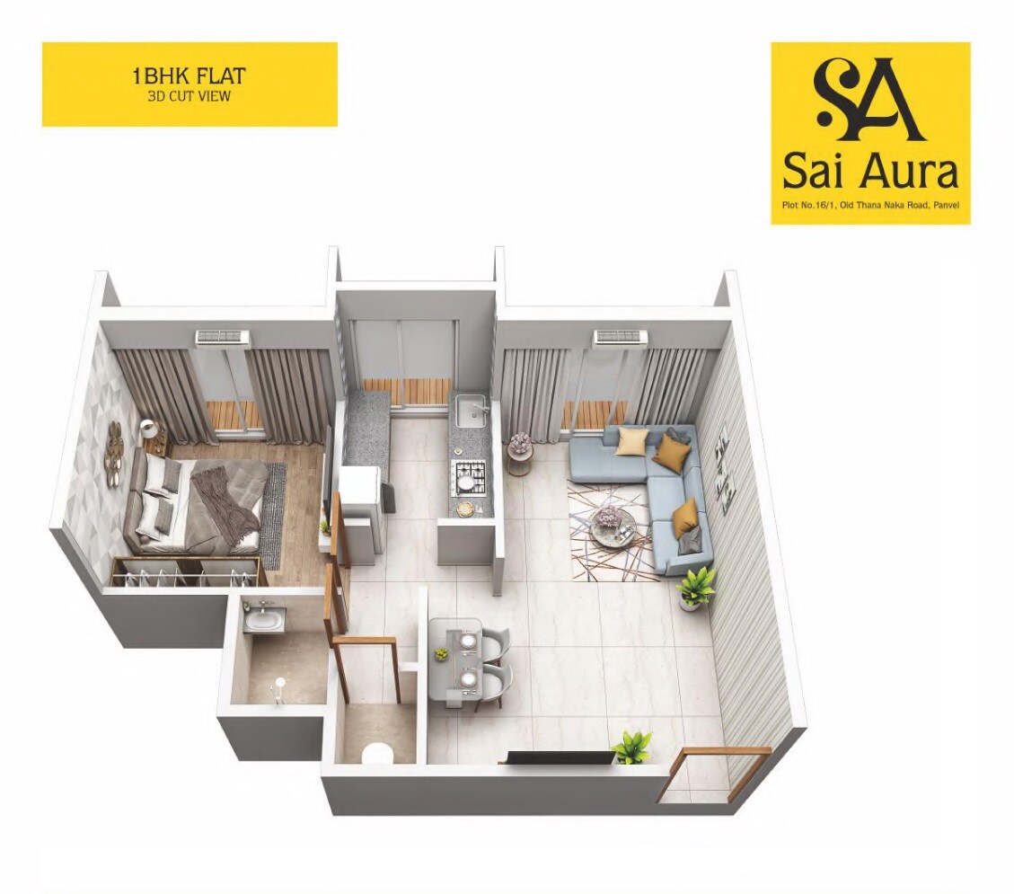 Floor plan of 1 BHK 361 Sq. Ft. Apartment in Priya Sai Aura, Navi Mumbai