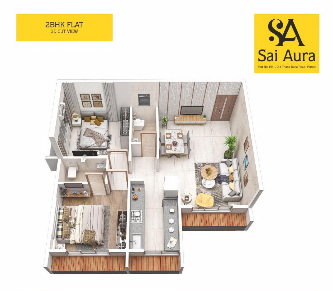 Floor plan of 2 BHK 517 Sq. Ft. Apartment in Priya Sai Aura, Navi Mumbai