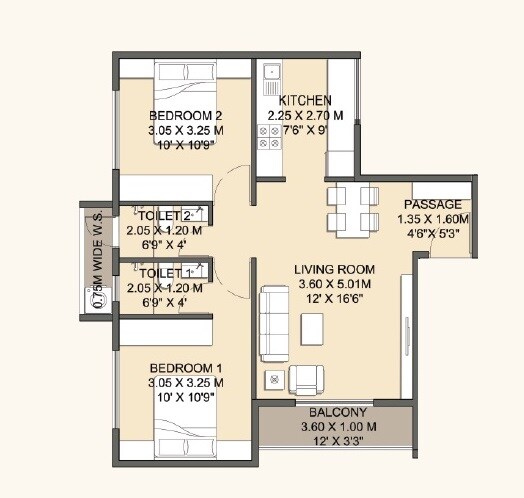 Floor plan of 2 BHK 636 Sq. Ft. Apartment in Priyal Govind Chintamani, Navi Mumbai