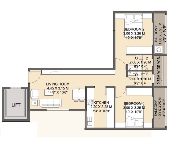 Floor plan of 2 BHK 740 Sq. Ft. Apartment in Priyal Govind Chintamani, Navi Mumbai