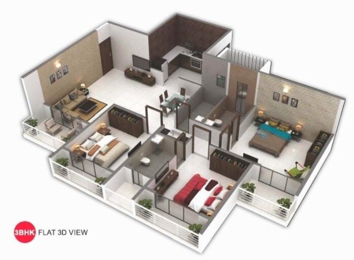Floor plan of 3 BHK 786 Sq. Ft. Apartment in Priyanka Unite, Navi Mumbai