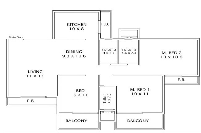 Floor plan of 3 BHK 621 Sq. Ft. Apartment in Progressive Grande, Navi Mumbai