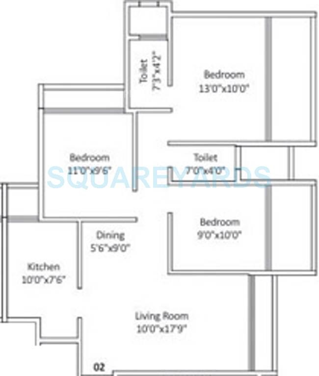 Floor plan of 3 BHK 1475 Sq. Ft. Apartment in Progressive Group Icon, Navi Mumbai