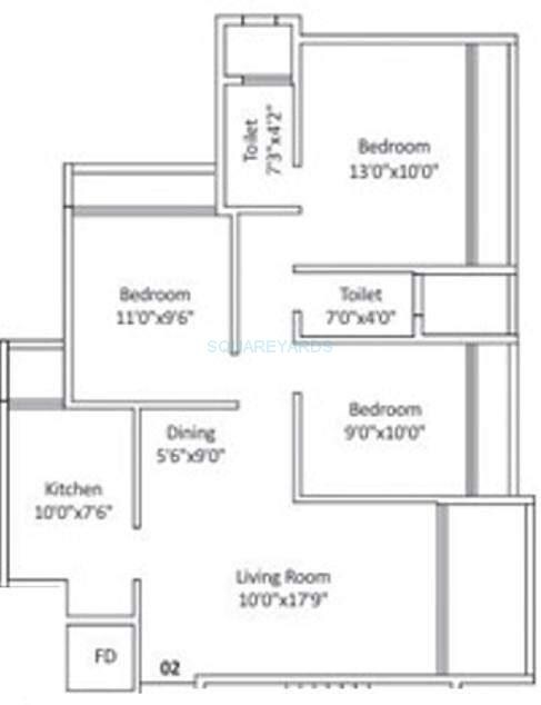 Floor plan of 3 BHK 1500 Sq. Ft. Apartment in Progressive Group Icon, Navi Mumbai