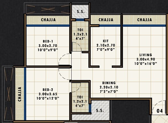 Floor plan of 2 BHK 411 Sq. Ft. Apartment in Progressive Prive, Navi Mumbai