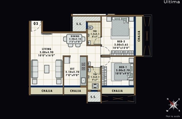 Floor plan of 2 BHK 690 Sq. Ft. Apartment in Progressive Prive, Navi Mumbai