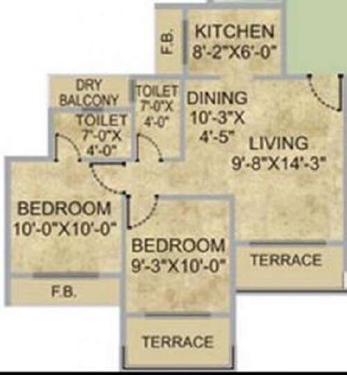 Floor plan of 2 BHK 1050 Sq. Ft. Apartment in Proviso Green View, Navi Mumbai