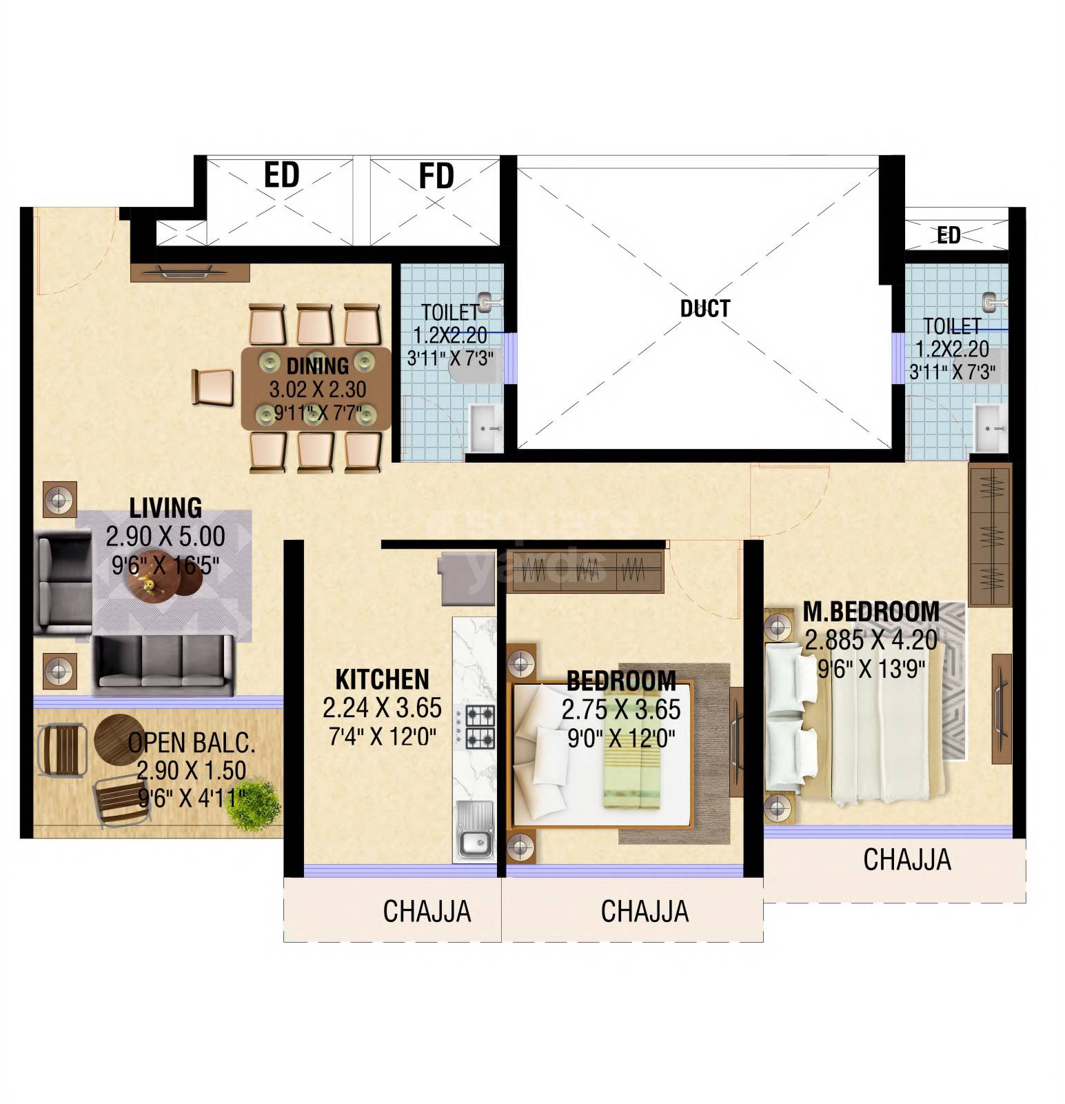 Floor plan of 2 BHK 659 Sq. Ft. Apartment in Punit Imperia, Navi Mumbai