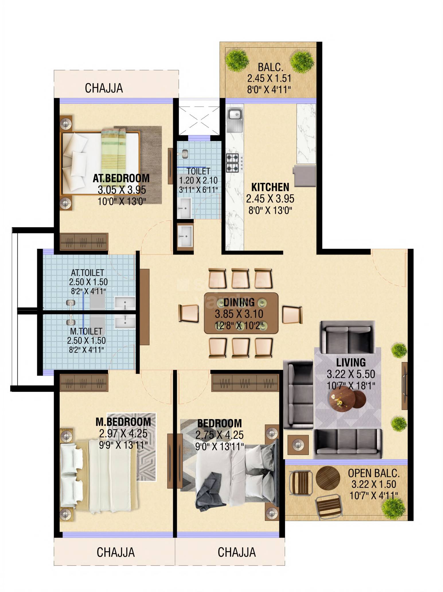 Floor plan of 3 BHK 1098 Sq. Ft. Apartment in Punit Imperia, Navi Mumbai