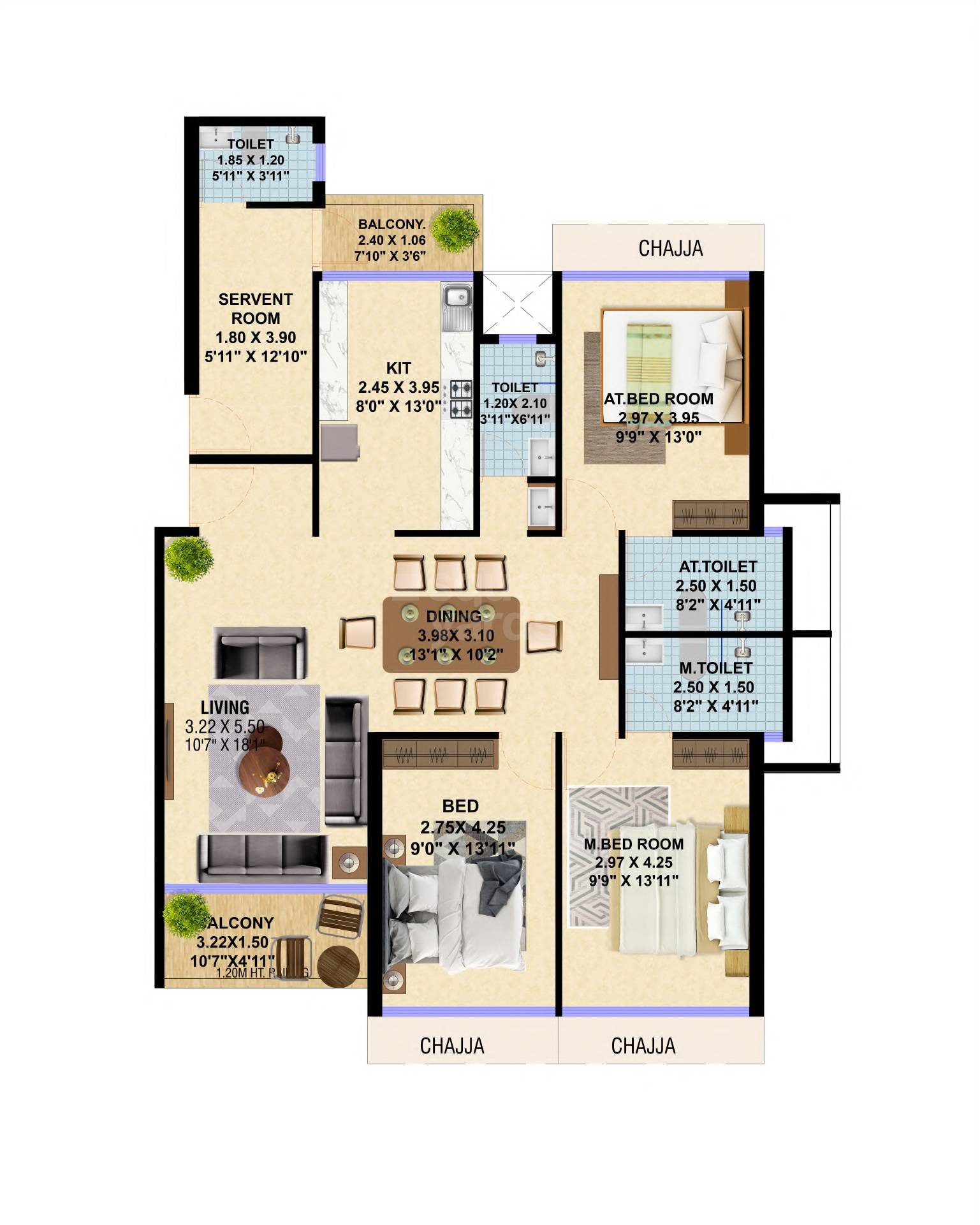 Floor plan of 3 BHK 973 Sq. Ft. Apartment in Punit Imperia, Navi Mumbai