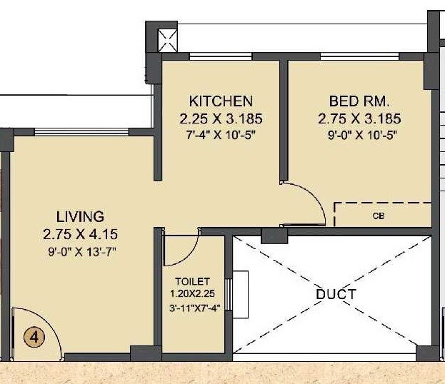 Floor plan of 1 BHK 323 Sq. Ft. Apartment in Puraniks City Sector 1, Navi Mumbai