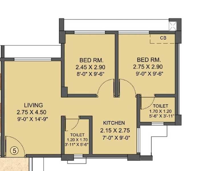 Floor plan of 2 BHK 427 Sq. Ft. Apartment in Puraniks City Sector 1, Navi Mumbai