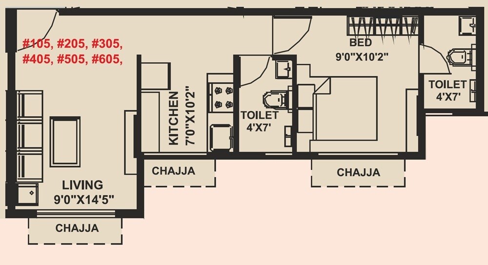 Floor plan of 1 BHK 372 Sq. Ft. Apartment in Purva Badridham, Navi Mumbai