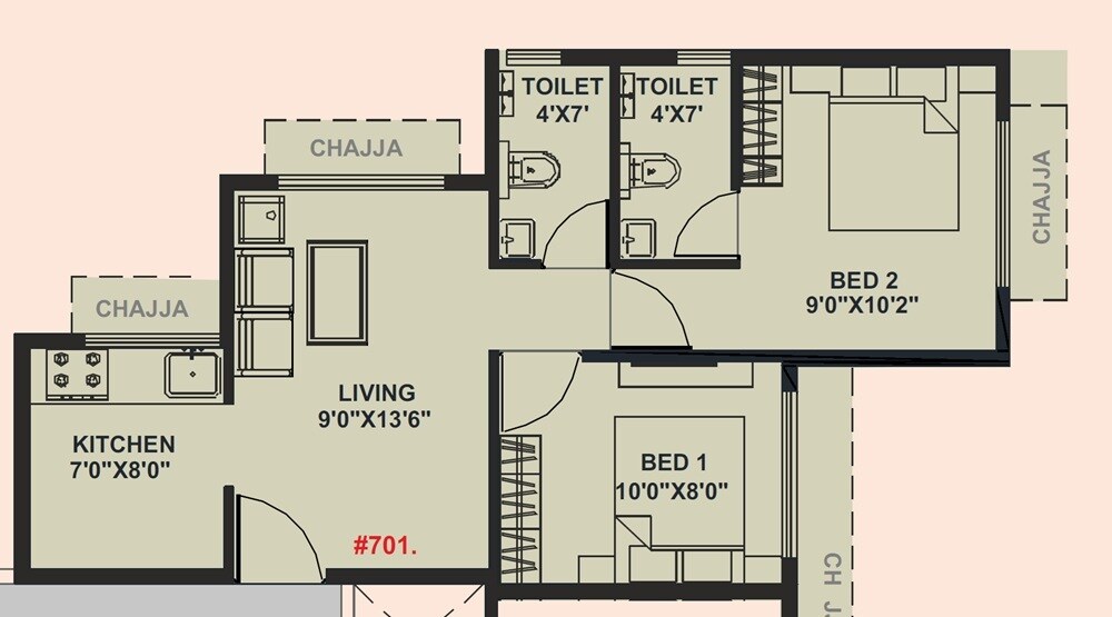 Floor plan of 2 BHK 445 Sq. Ft. Apartment in Purva Badridham, Navi Mumbai