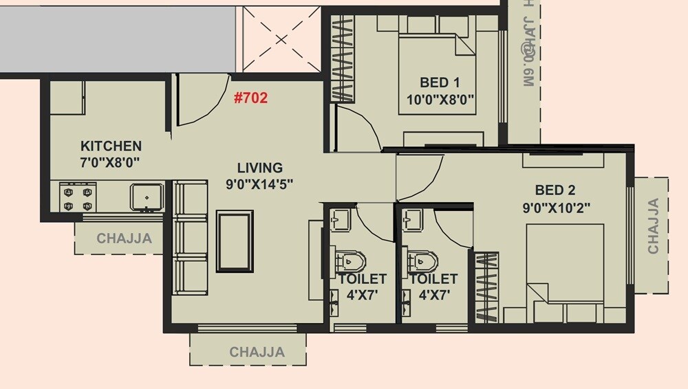 Floor plan of 2 BHK 454 Sq. Ft. Apartment in Purva Badridham, Navi Mumbai