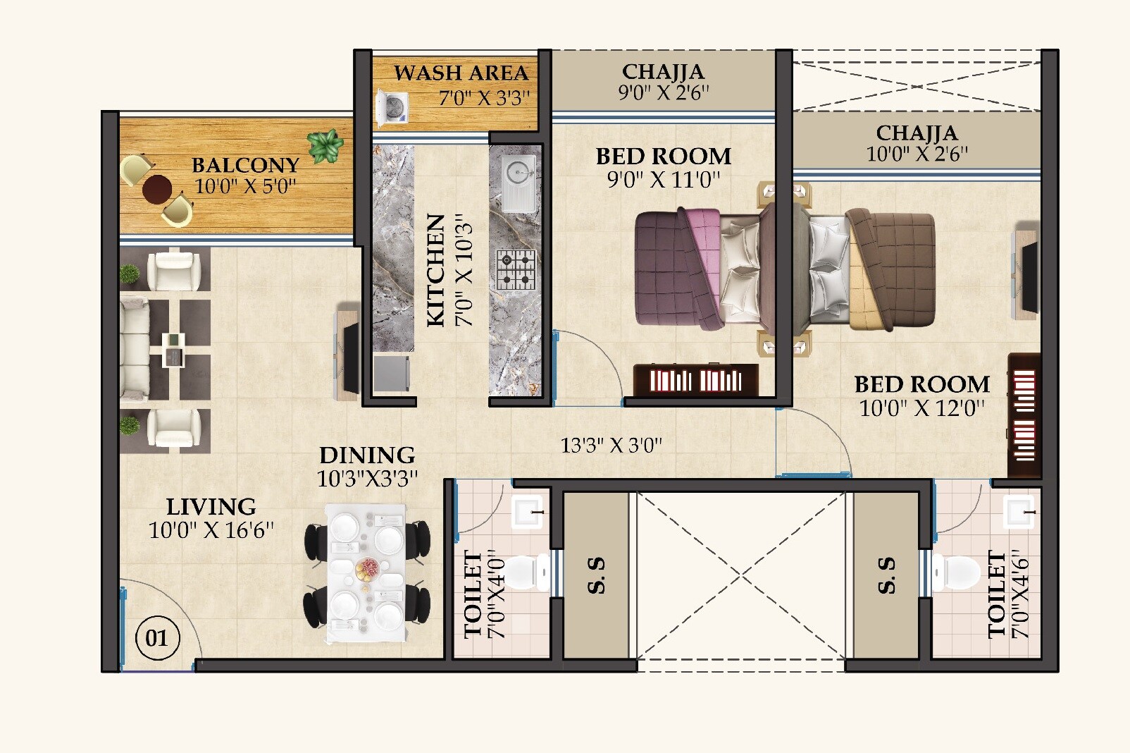 2 BHK 714 Sq. Ft. Apartment