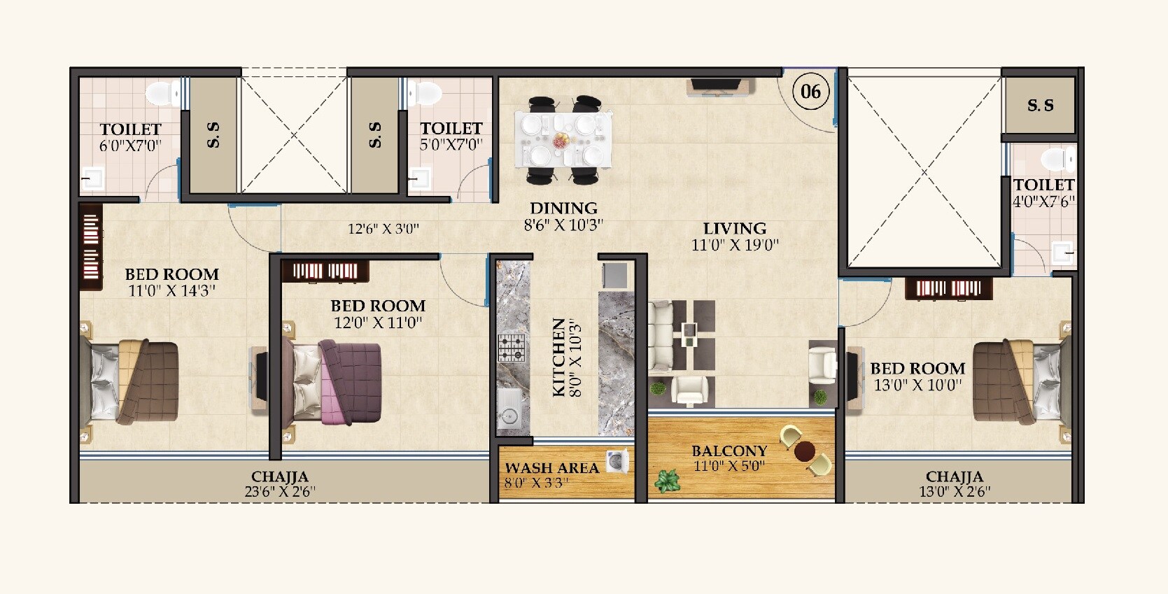 3 BHK 1062 Sq. Ft. Apartment