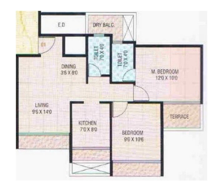 Floor plan of 2 BHK 1050 Sq. Ft. Apartment in Pyramid I Signature Height, Navi Mumbai