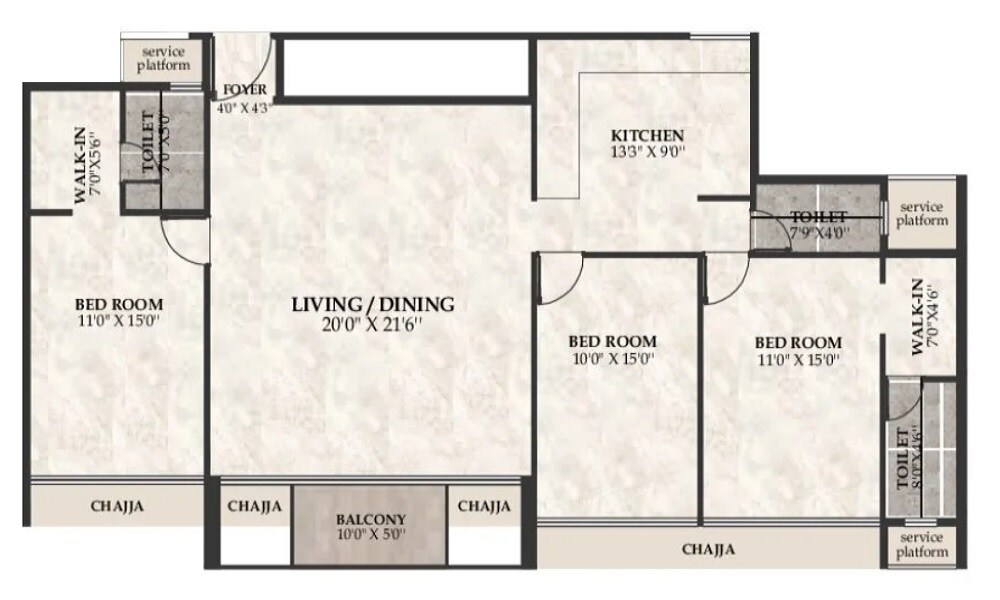 3 BHK 968 Sq. Ft. Apartment