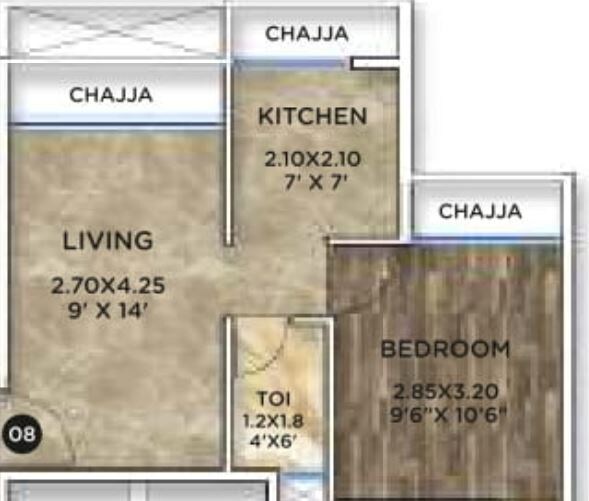 Floor plan of 1 BHK 438 Sq. Ft. Apartment in Qualcon and Space India Alliance, Navi Mumbai