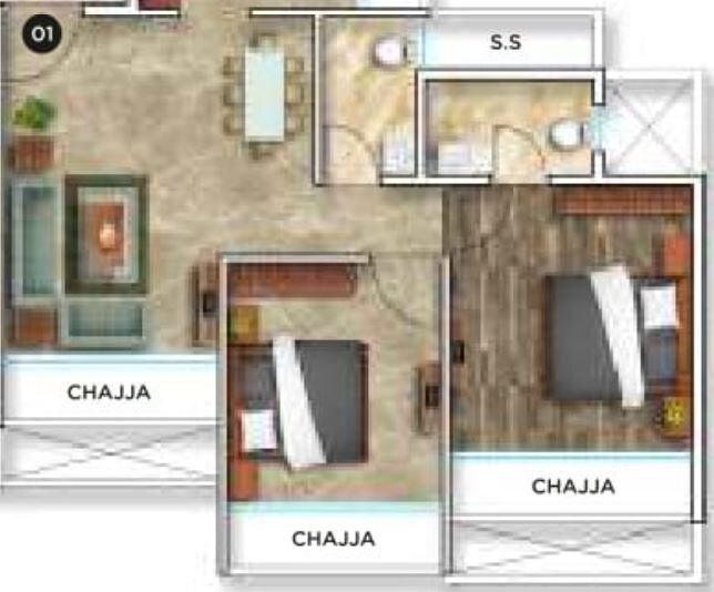 Floor plan of 2 BHK 659 Sq. Ft. Apartment in Qualcon and Space India Alliance, Navi Mumbai