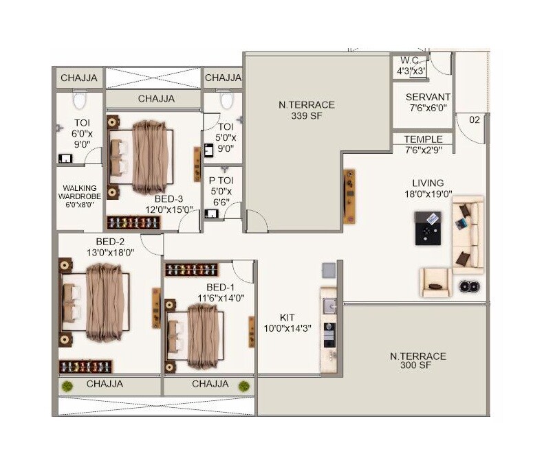 Floor plan of 3 BHK 999 Sq. Ft. Apartment in Qualcon Celestia, Navi Mumbai