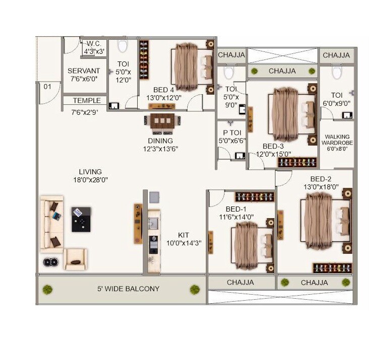 Floor plan of 4 BHK 1989 Sq. Ft. Apartment in Qualcon Celestia, Navi Mumbai