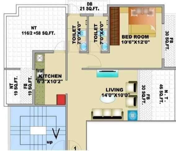 Floor plan of 1 BHK 708 Sq. Ft. Apartment in Qualitas Esquina, Navi Mumbai