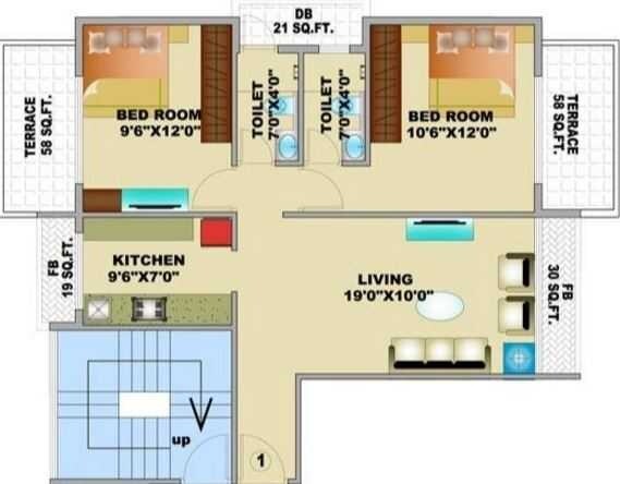 Floor plan of 2 BHK 1097 Sq. Ft. Apartment in Qualitas Esquina, Navi Mumbai