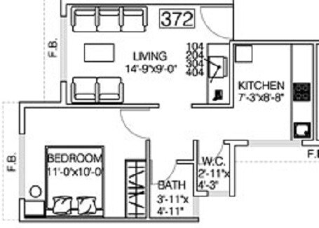 Floor plan of 1 BHK 634 Sq. Ft. Apartment in Qualitas Gardens, Navi Mumbai