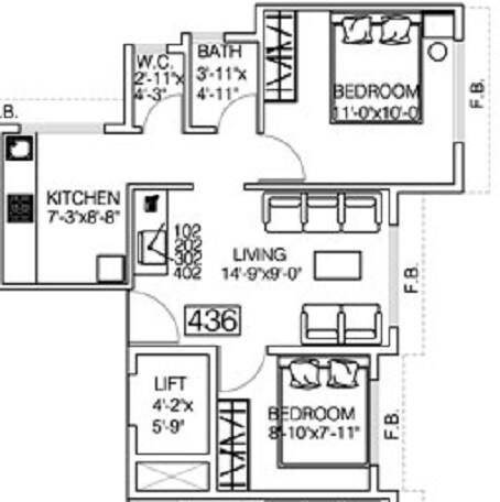 Floor plan of 2 BHK 752 Sq. Ft. Apartment in Qualitas Gardens, Navi Mumbai