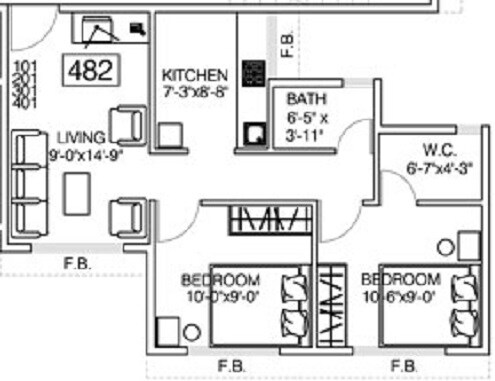 Floor plan of 2 BHK 822 Sq. Ft. Apartment in Qualitas Gardens, Navi Mumbai