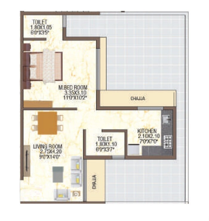 Floor plan of 1 BHK 316 Sq. Ft. Apartment in Quality City Park, Navi Mumbai