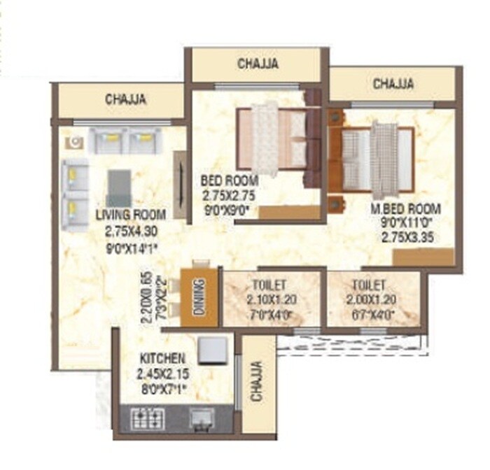 Floor plan of 2 BHK 484 Sq. Ft. Apartment in Quality City Park, Navi Mumbai