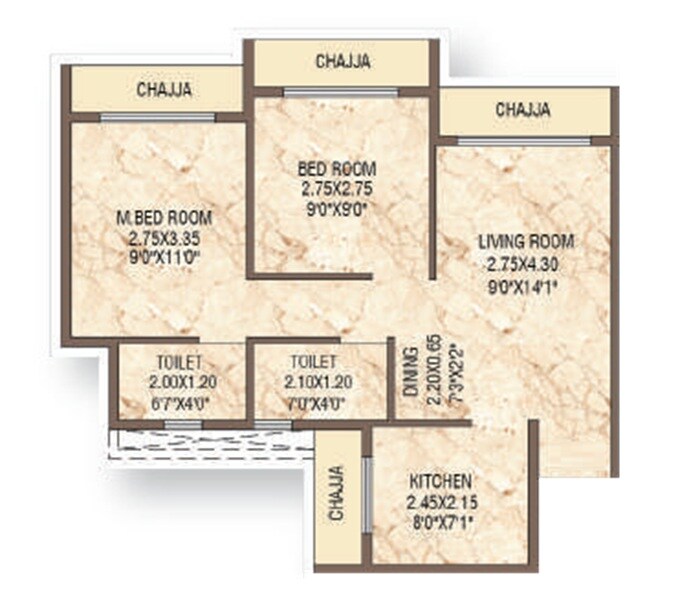 Floor plan of 2 BHK 508 Sq. Ft. Apartment in Quality City Park, Navi Mumbai