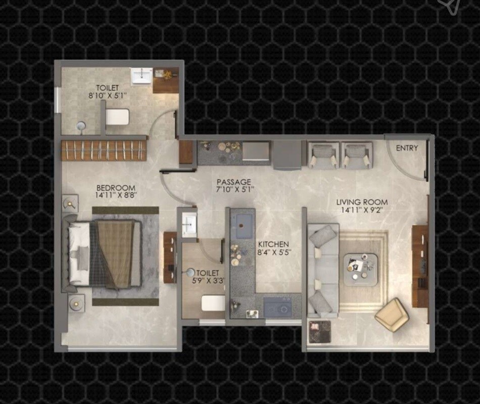 Floor plan of 1 BHK 444 Sq. Ft. Apartment in Queenstown Springs, Navi Mumbai